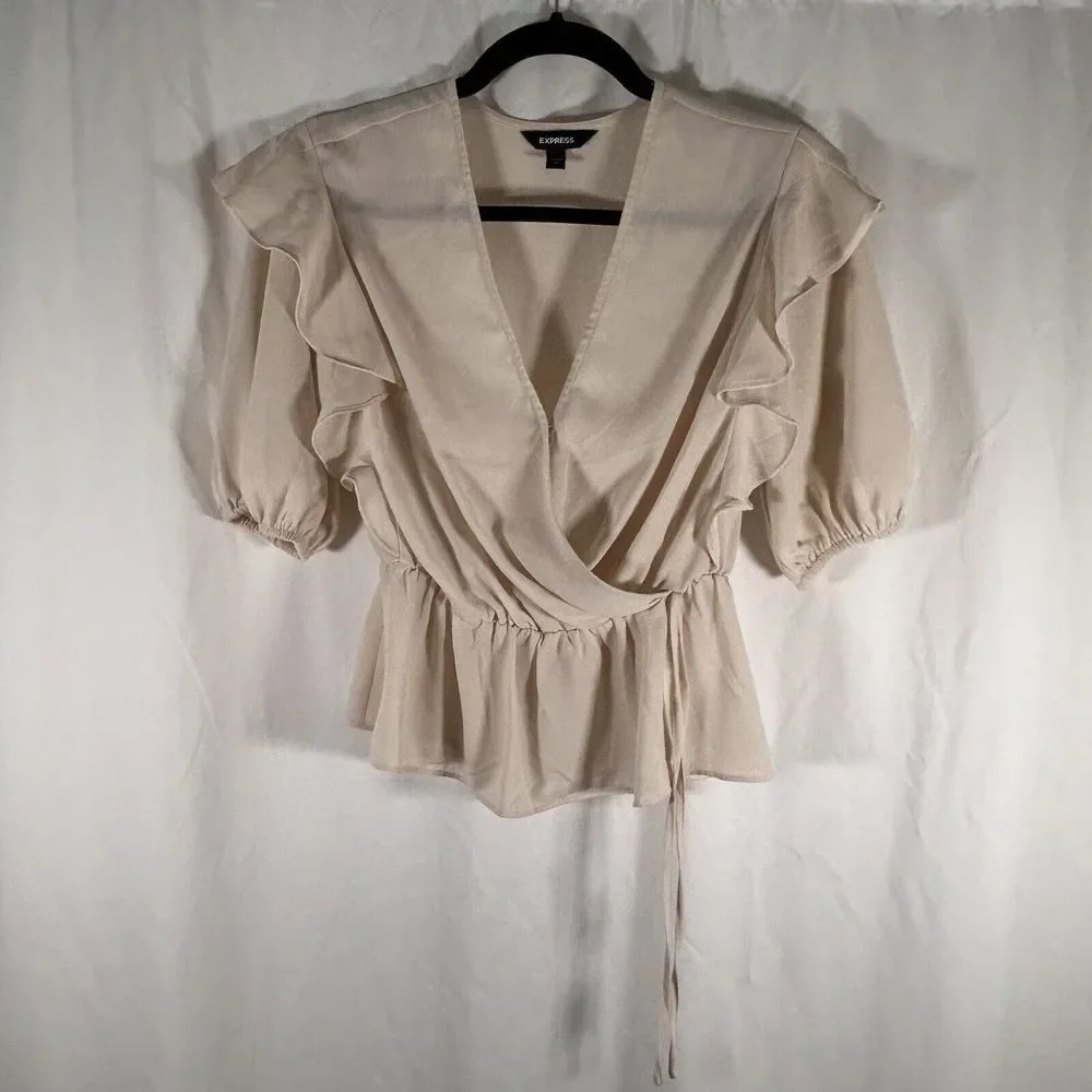 Express Blouse Women's XS Cream Short Sleeve Vneck Semi Sheer Top